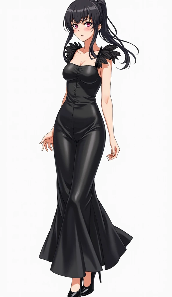 Japanese anime age woman with long straight black hair with a short ponytail and locks and intense magenta eyes and wears a tight and elegant black dress, of shiny satin leather fabric with thick sleeveless straps.  The dress is long cut , with a fitted de...