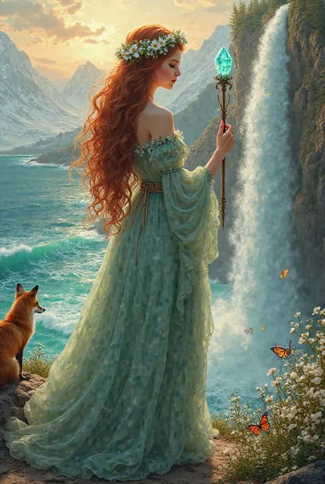 Romantic fantasy art, ultra-detailed, 8K resolution. A beautiful young woman with a curvy silhouette stands proudly on a cliff by a waterfall, facing the ocean. Voluminous wavy auburn hair cascades down her back, adorned with a crown of alpine flowers (ede...