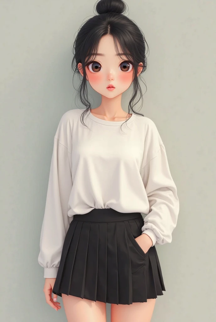 Chubby asian girl in White long sleeve shirt and black pleated short skirt