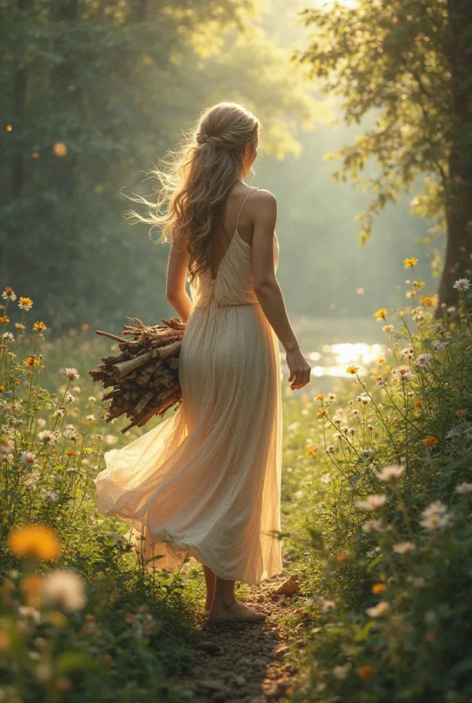 Beautiful woman in dress collecting firewood