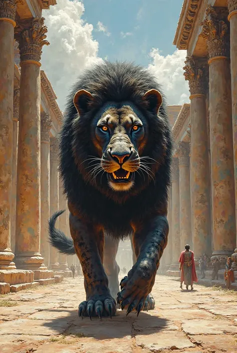 Oil painting of a long very black haired Lion wearing an ancient greece barbarian armor, with ferry arms and claws walking in an ancient greece city.