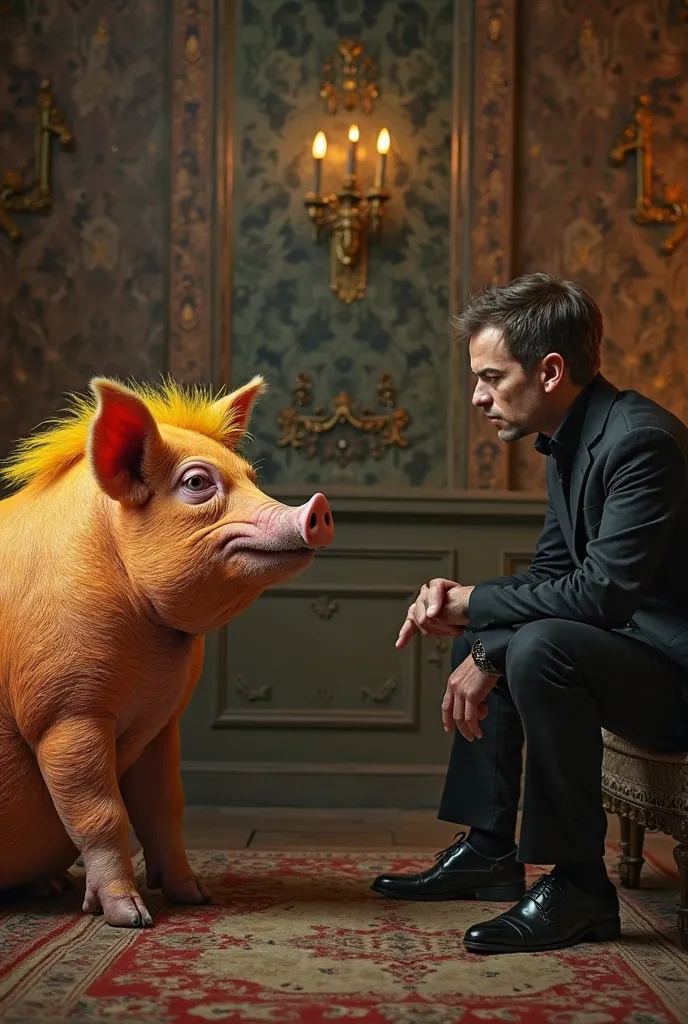 En un lujoso salón que parece una trap para animales, , a disgusting orange pig with a stylized yellow fringe and a man dressed in black sit facing each other. The pig has a tyrannical and obscene attitude. The man in black has a proud and angry attitude. ...