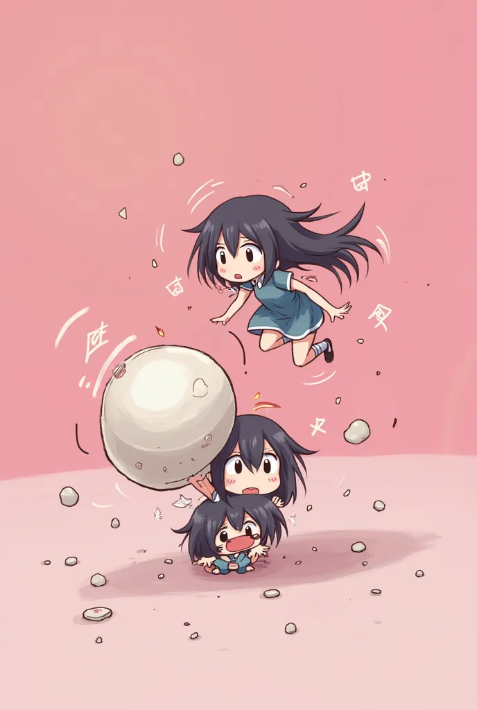 [Anime girl transforming into a bouncing ball, then collapsing into a distressed chibi form, playful and slightly chaotic mood], [Digital illustration, manga style with bold outlines and flat coloring], [No specific artist reference needed, style reminisce...