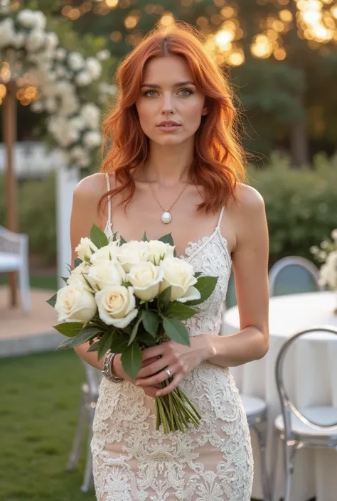 Off the coast white woman with slightly wavy red hair and expressive green eyes with bold and athletic style wearing a white lace dress holding a bouquet of white roses parading a party room in shades of white with an altar in shades of gold and surroundin...