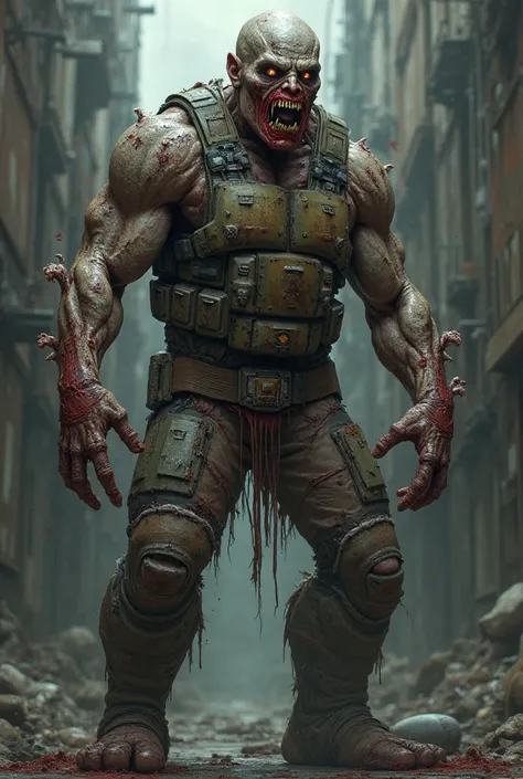 I want a zombie with skin, wearing a riot suit with a muscular body