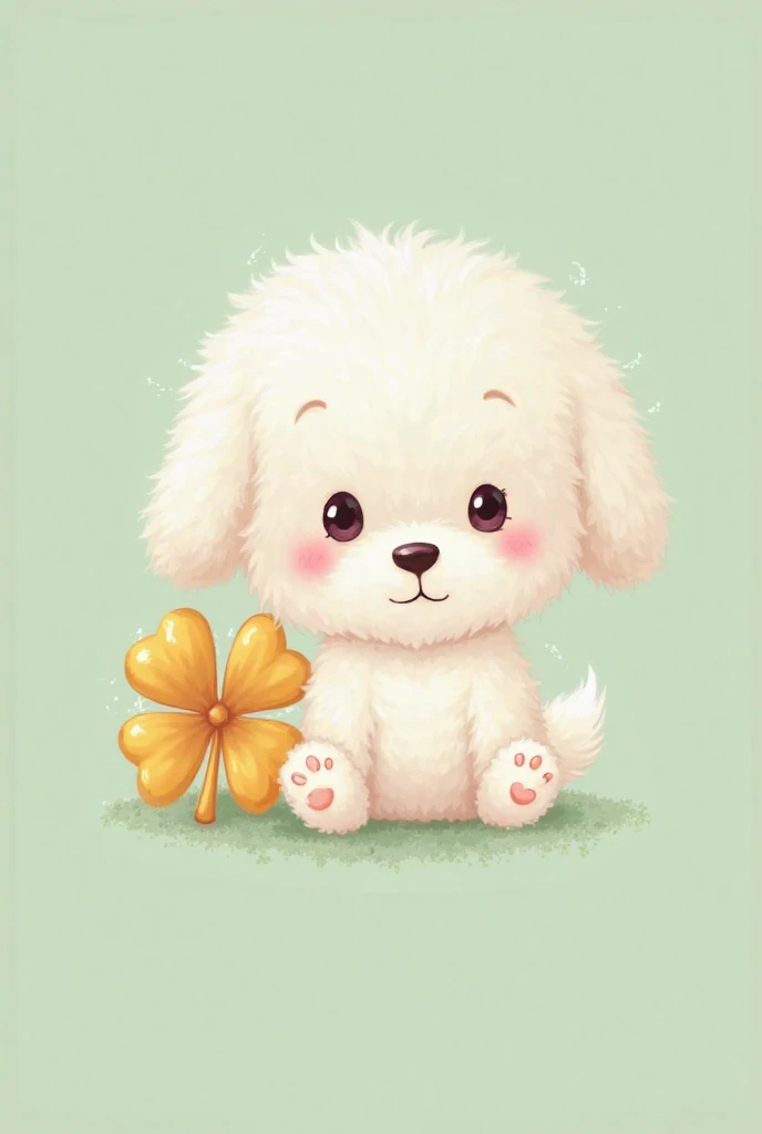 A logo of a little white dog, with a clover ,  Let it be with pastel green and gold colors, that is tender and pretty