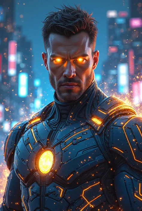 Cybernovax, Marvel/A strong and muscular superhero, faces are sharp and charismatic. Golden and blue digital energy sparkles in his eyes, drawn with dynamic lines. metallic, is dominated by an atmosphere that bears traces of the future and digital world {x...