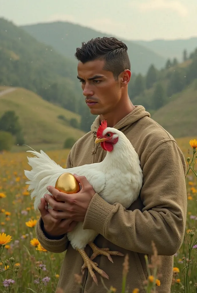 Poor Ronaldo holding white hen and golden egg in field