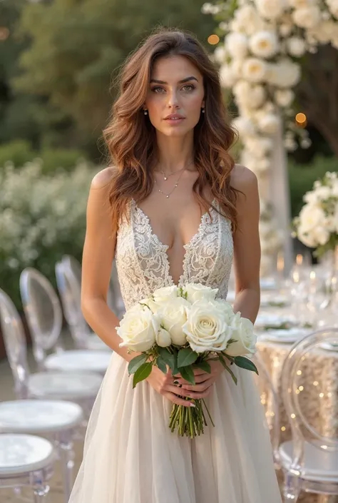 Off the coast white woman with slightly wavy brown hair and expressive green eyes with bold and athletic style wearing a white lace dress holding a bouquet of white roses parading a party room in shades of white with an altar in shades of gold and surround...