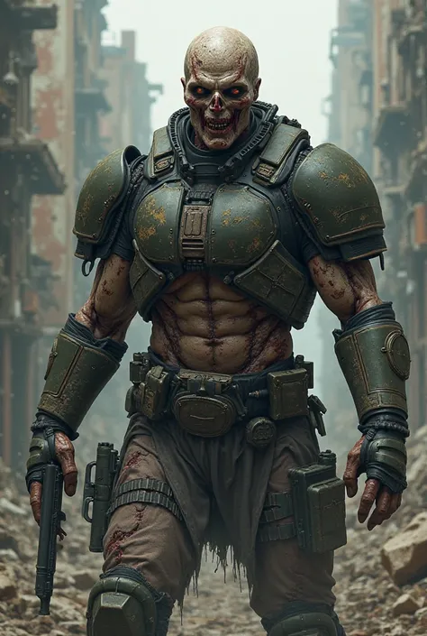 I want a zombie with skin, He's wearing a riot suit with a muscular body and he's all covered 