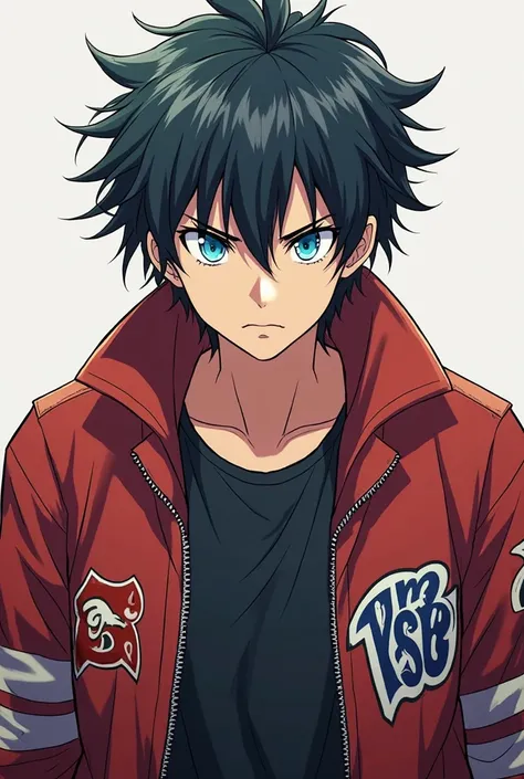 age anime bully man with short hair wearing an american football player jacket, fair skin with blue eyes and a buscapleitos look.