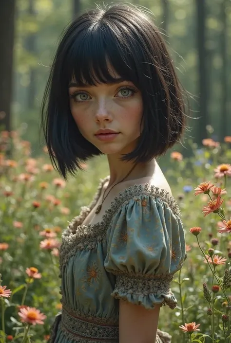 A picture of a 23 year old girl with a beautiful, well-proportioned body with short bob and black hair and big, bluish eyes that have supernatural powers and I want her to be in a garden of wild flowers in the woods in an old, girly, beautiful dress. 