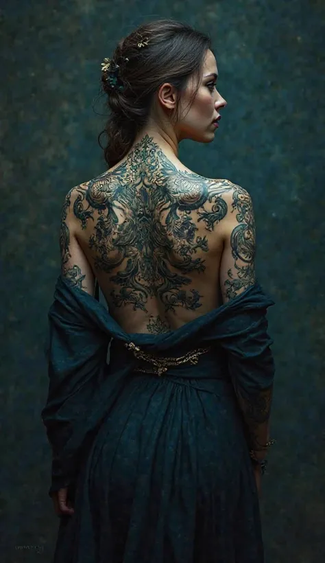 Image generation information: Humanistic photography, extreme image quality, ultra-high resolution, ultra-fine details, (A woman with intricate tattoos on her back, wearing a flowing garment. Dark and moody, creating an atmospheric setting. Predominantly d...