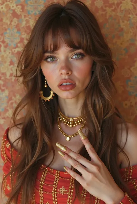 arafed woman with long hair and toys making a peace sign, an image inspired by Ksenia Milicevic , tendência na cg society, Photorealism, toys, golden toys, long toys, retrato sophie mudd,  gold earing,   brown hair with bangs , Portrait of Barbara Palvin, ...