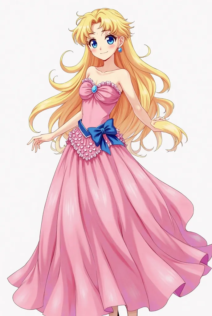 Make a high resolution image of Serena Tsukino Young Adult From The Sailor Moon Anime With Long Yellow Loose Wavy Hair And Chunges With Bows Wearing A Beautiful Pink Heart Neckline Dress With Ruffles And Bare Shoulders The Long Skirt With Lots Of Holans An...