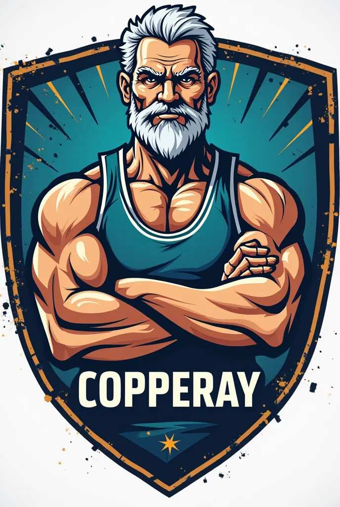 A sports shield for a school team, with a muscular and imposing elderly person as mascot, called Alfredo Copperay.  He represents strength , determination, intelligence, unity and teamwork. Alfredo is portrayed with gray hair, a well-groomed beard and a co...