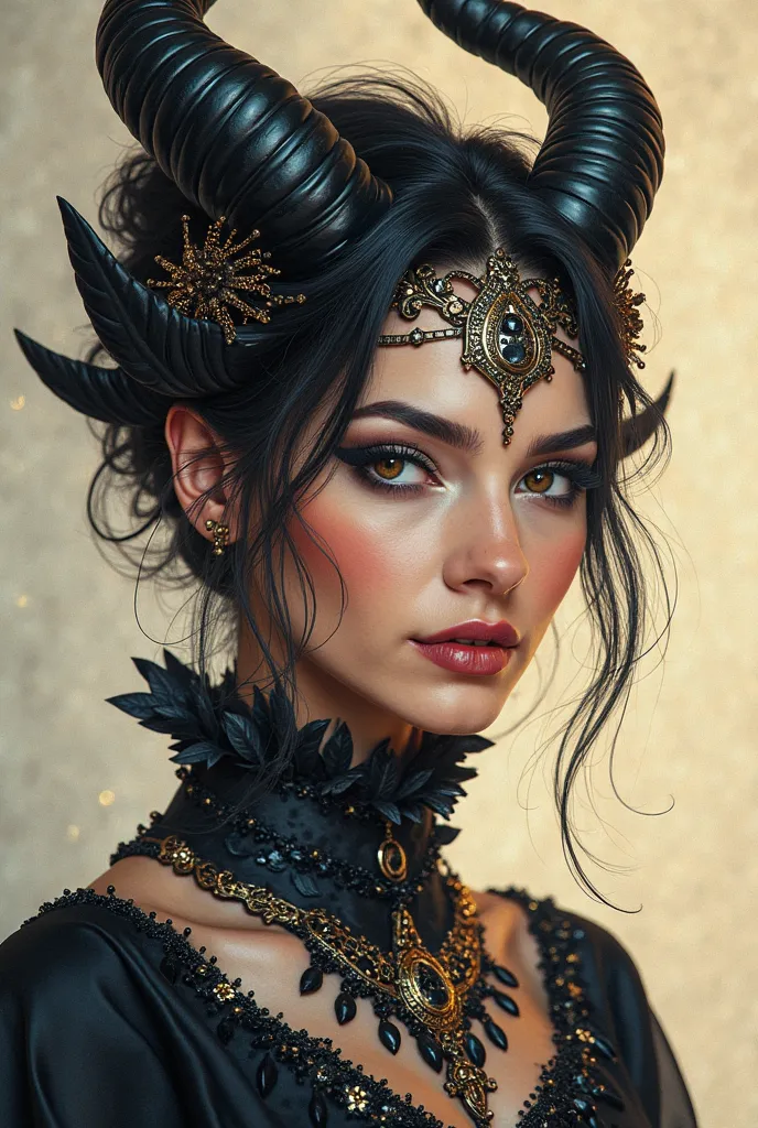 the face of a woman dressed in demon attire, in the style of light gray and light gold, vibrant illustrations, intricately sculpted, realistic hyper-detailed portraits, white and amber, queencore, depicts real life --ar 3:5 --v 6.0