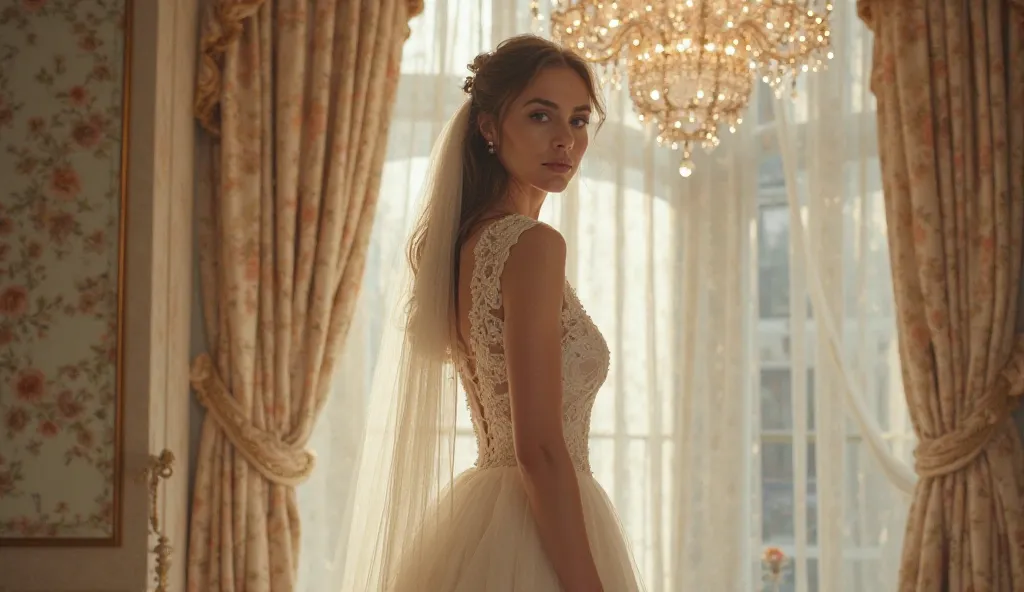 Create a high-quality, vivid image of a female protagonist captured with a Sony camera. The scene is set on a crisp autumn morning in a luxurious bridal suite at the Fairmont Copley Plaza, Boston. The subject, Jessica Carter, stands alone in front of a gra...