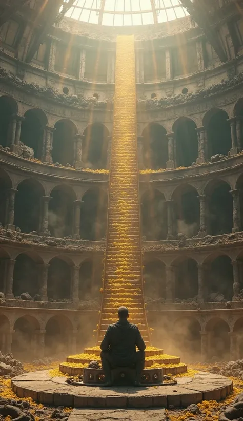 A massive, decayed colosseum where warriors once fought, now covered in dust and silence. In the center, a lone man sits on a throne made of broken gears and rusted chains, frozen in time. Around him, golden staircases leading to success ascend into the sk...