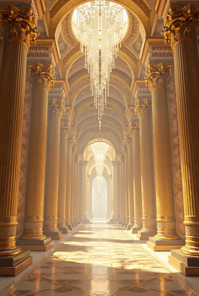 Design of a large hall with golden walls with white details and pillars with statues of magical creatures with a very large crystal chandelier without furniture