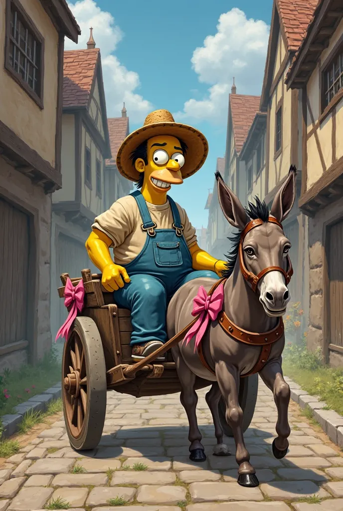 Cletus from The Simpsons,  medieval style, in an old cart pulled by a donkey with pink bows