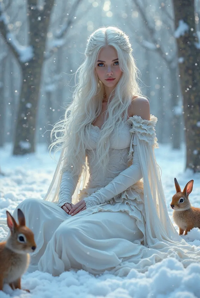 create a super realistic image, high quality uhd 8K, of an beautiful woman photoreal, realistically detailed, full body, ((slim body, highly detailed)), (tall model), long wavy snow white floral large hair, highly detailed realistic skin, ((female fantasy,...