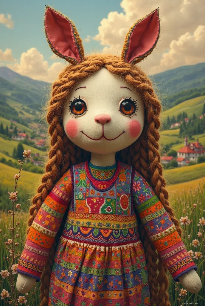 Hyperdetailed painting of beautiful rag doll, cloth body, colorful psychedelic clothes, colorful braided wool hair. Farm background,