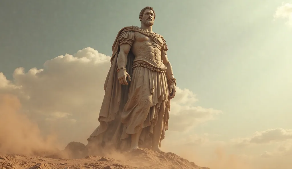 26. A statue of Marcus Aurelius standing firm against a desert wind, unwavering in the face of nature’s power – dramatic texture, ultra-HD.
