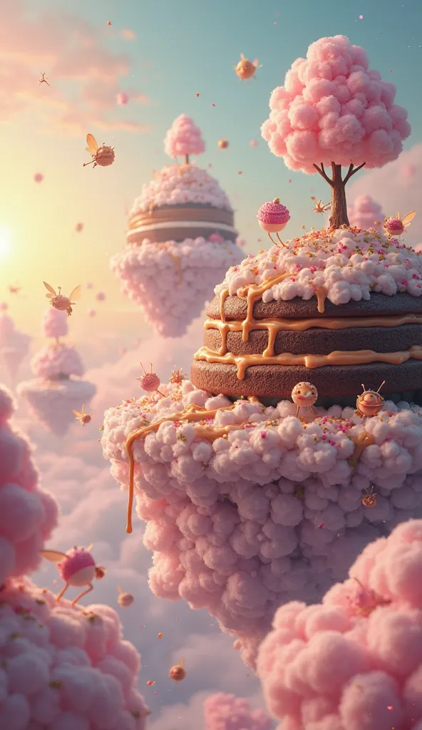 A surreal fantasy landscape of floating islands made entirely of desserts. One island is a giant chocolate cake with rivers of caramel flowing down its sides, while another is a fluffy cotton candy cloud with candy cane trees. Tiny winged creatures resembl...