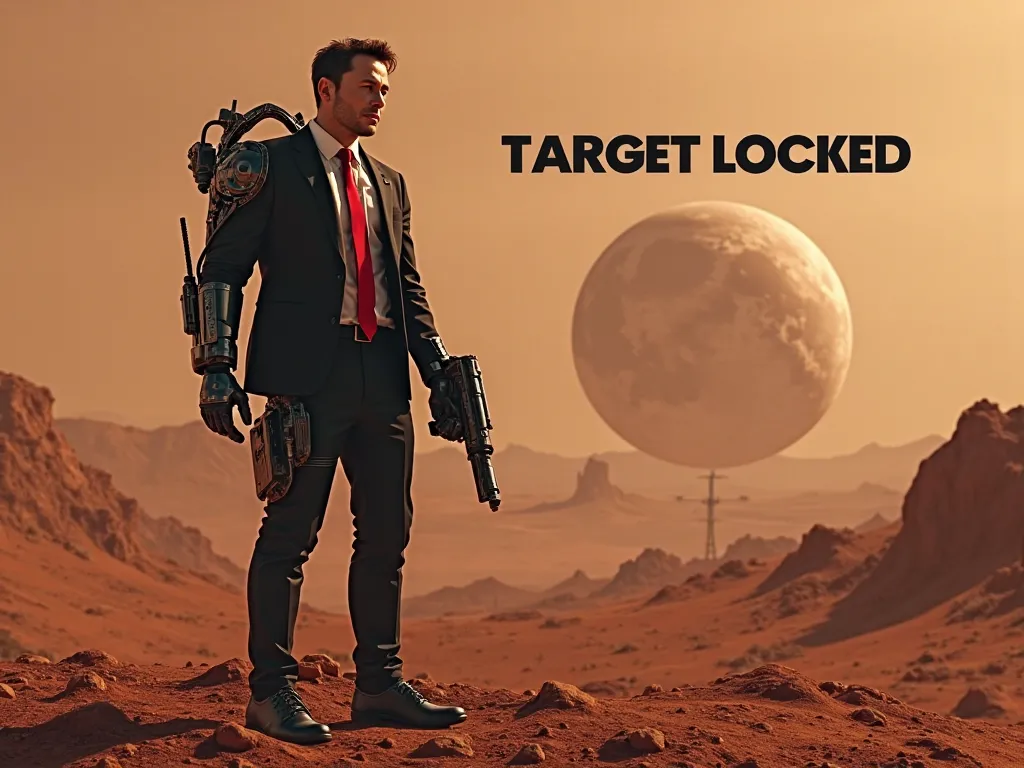 humanoid elon musk as agent 47 wearing agent 47 signature suit with a gun implanted to his arm aiming at mars with text of ‘target locked’