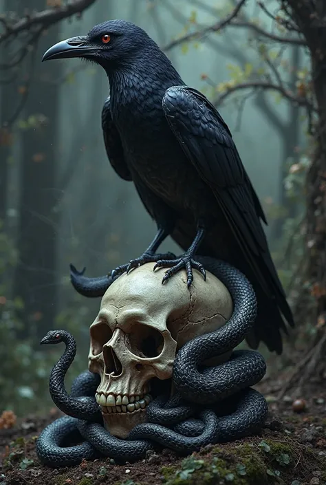 Raven standing on top of a skull with a snake coming out of its eyes and mouth spider web in the background