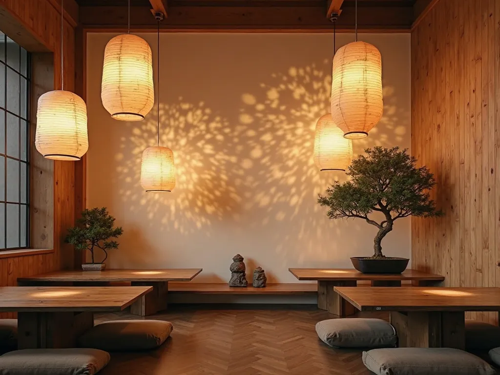 Modern Japanese restaurant interior with a creative use of lighting and shadow. Incorporate hanging paper lanterns with soft, warm light that casts intricate shadows on the wooden tables below. The scene should include minimalist seating with cushions, a s...