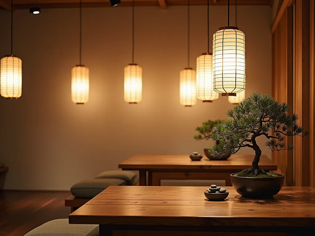 Modern Japanese restaurant interior with a creative use of lighting and shadow. Incorporate hanging paper lanterns with soft, warm light that casts intricate shadows on the wooden tables below. The scene should include minimalist seating with cushions, a s...