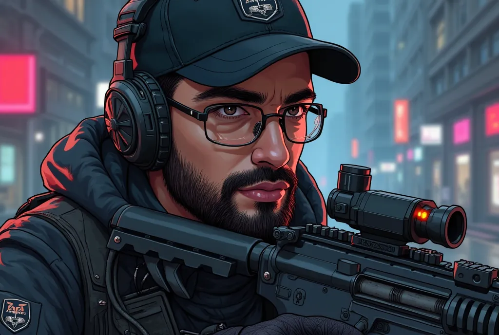 Semi-Realistic digital illustration of a tactical operator in the style of Rainbow Six Siege, inspired by a young man with light brown skin, a well-groomed beard, and a strong jawline. He has sharp, determined eyes behind modern tactical glasses and wears ...