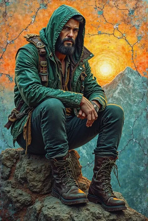 Art Decó graffiti 3D effect ultra-detailed intricate insanely full HD painted on glass bearded mountain man hooded green leather over mountain sit on rock, 3D effect ultra-detailed intricate insanely full HD, master piece, photorealistic digital painting c...