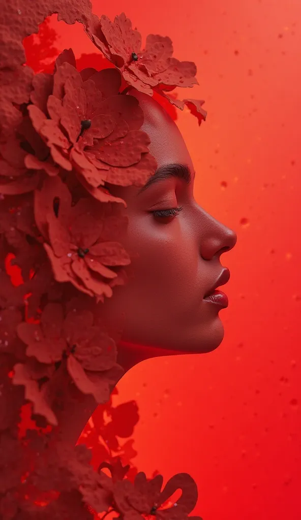 paper_cut，(illustration: 1.3), paper art, 3D rendering of, Red background, (Beautiful side face, Closed eyes: 1.3), (flor branca: 1.2), Colorful, Best quality, Detailed details, Masterpiece, official art, movie light effect,