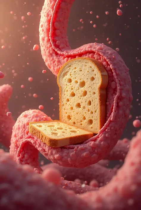 Image of a piece of bread being digested in the acidic environment of the stomach 