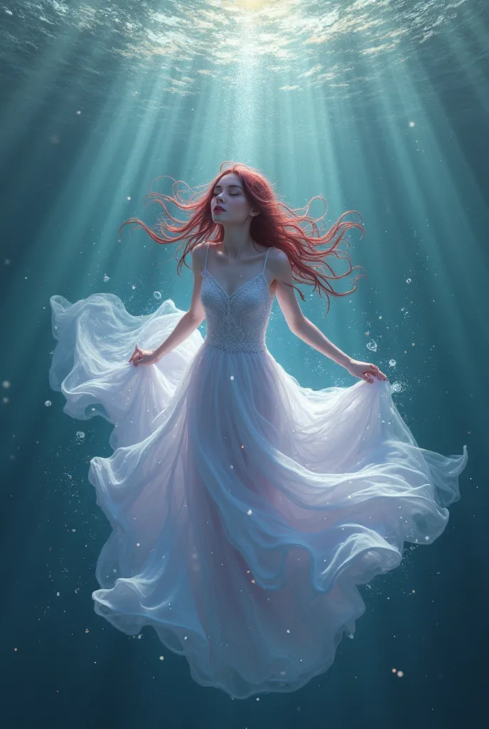 A girl with dark red hair and wearing a white dress falling to the bottom of the sea with a lilac aura surging around her entire body