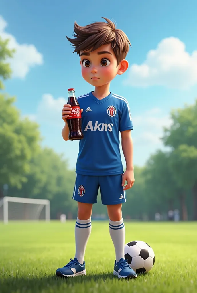 Realistic boy about  tall, dressed as a professional soccer player the blue t-shirt with long white socks drinking Cocacola