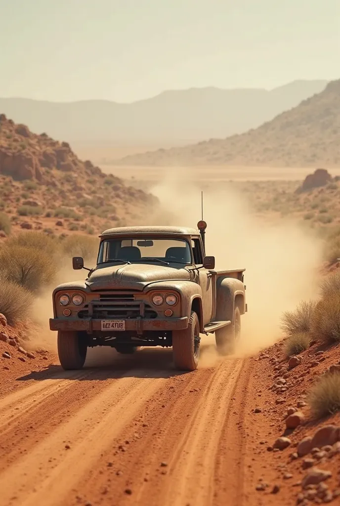 A pickup truck on a single road with dirt on its sides