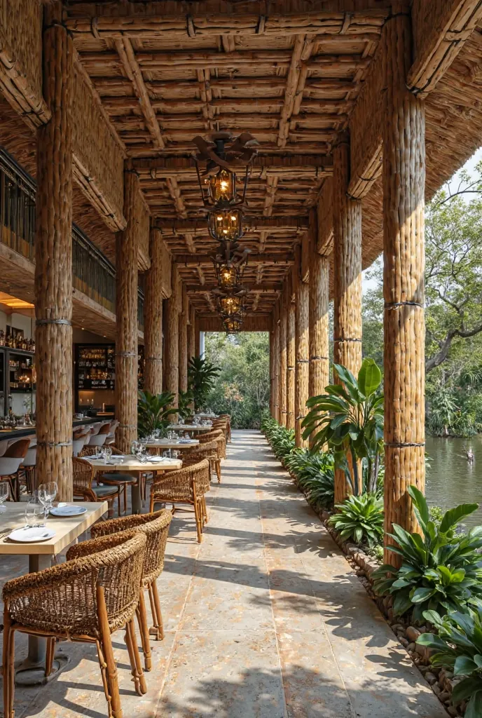 Make a restaurant design that decor by bamboo and thrme based on bali indonesia . The floor size of this  restaurant is 400 inch wide and 1200 inch length . The design including 2 pcs of   Bamboo duplex hut.