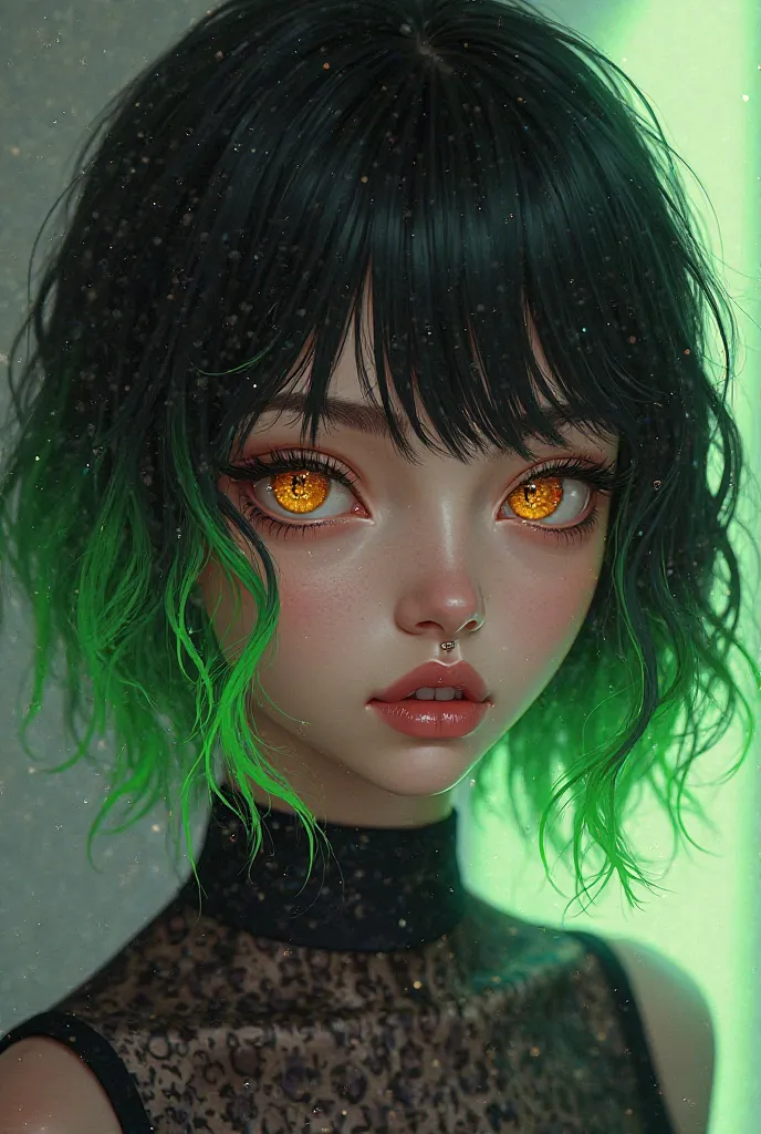 A black-haired girl with neon green tips, with golden eyes , with pircings on the lips in anime style