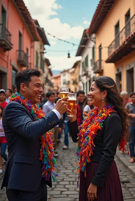 Carnival in Sucre Chuquisaca with happy people in formal gala attire and streamers around their necks toasting beer and koas  