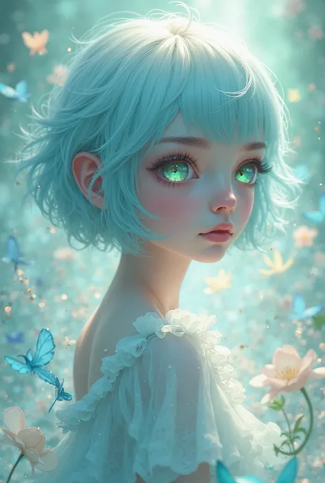 Short-haired girl of light blue color with light green eyes 