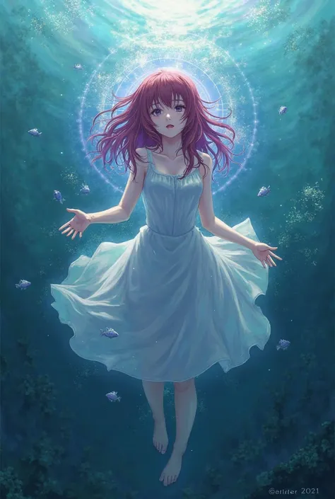 A girl with dark red hair and wearing a white dress falling to the bottom of the sea asking for help with a lilac aura surging around her entire body