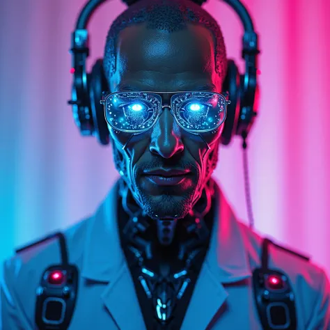 A highly detailed, futuristic AI scientist looking directly at the camera. He has a cybernetic face with a mix of human features and sleek metallic components, glowing neon blue eyes filled with complex data streams. His expression is confident and intelli...