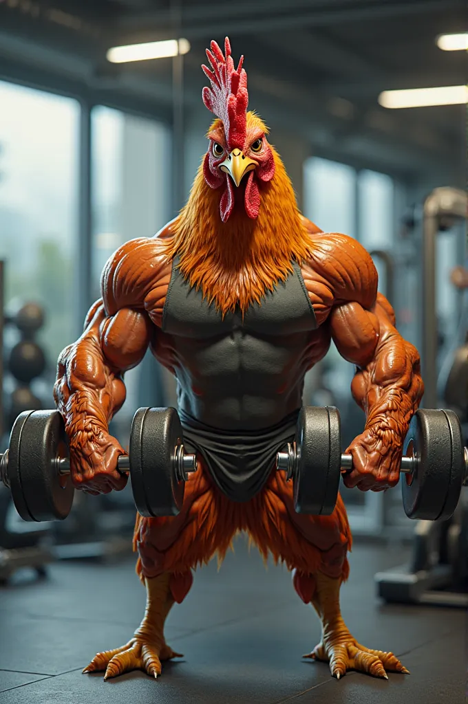 A bodybuilder chicken with weight training dumbbells 