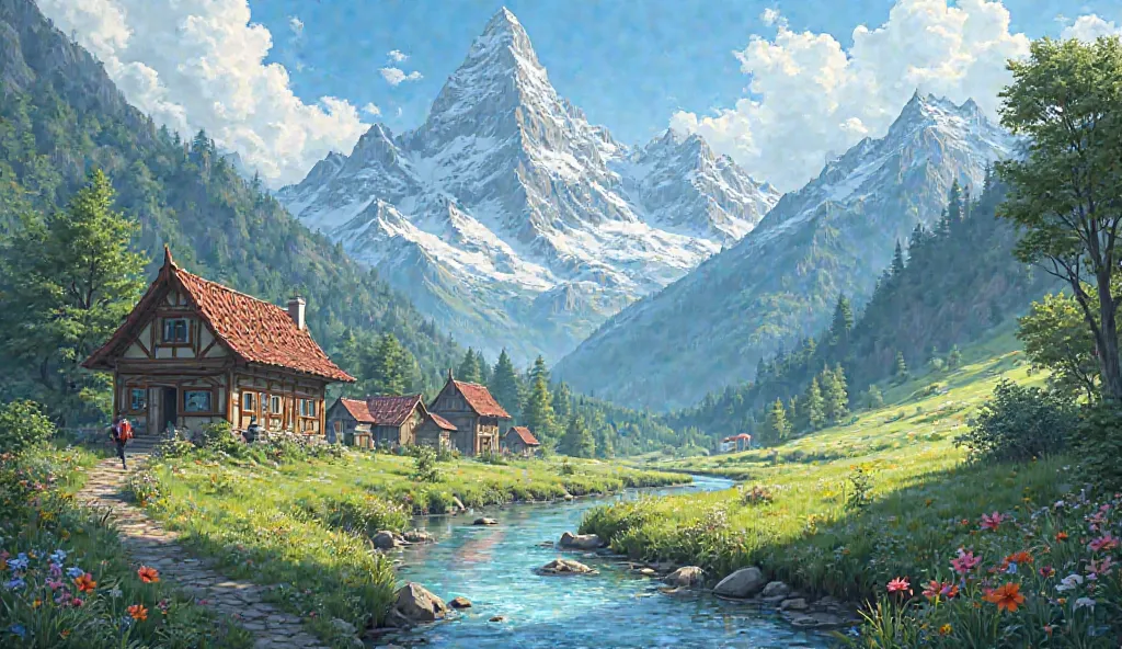 A real picture of a village between the mountains in the summer