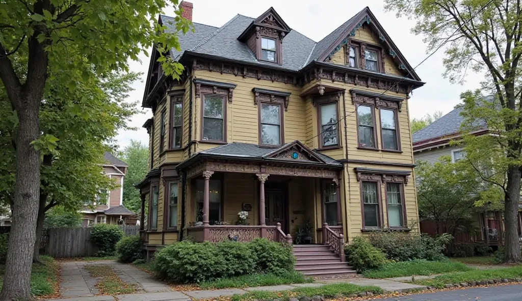 A three-story Victorian house, with a detailed façade and an air of nostalgia. It is located in a quiet neighborhood with leafy trees and cobblestone streets. Its windows show traces of history and the front garden is slightly neglected, hinting at the nee...