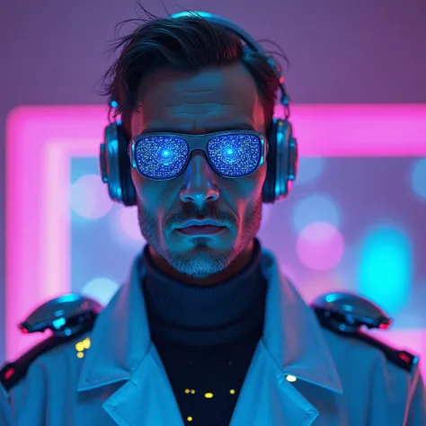 A highly detailed, futuristic AI scientist looking directly at the camera. He has a cybernetic face with a mix of human features and sleek metallic components, glowing neon blue eyes filled with complex data streams. His expression is confident and intelli...